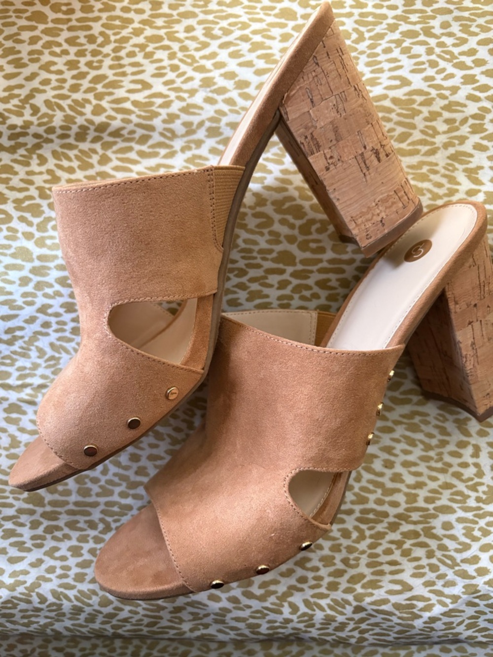 Dressbarn Tan Suede Open-Toe Cork Block Heel Mules
